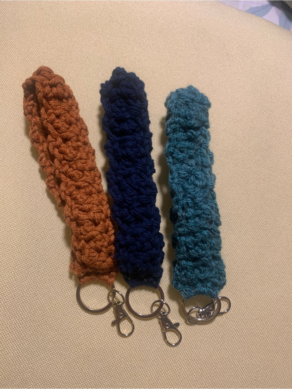 Handmade Crocheted Key Fob Trio - Rust, Navy, Teal